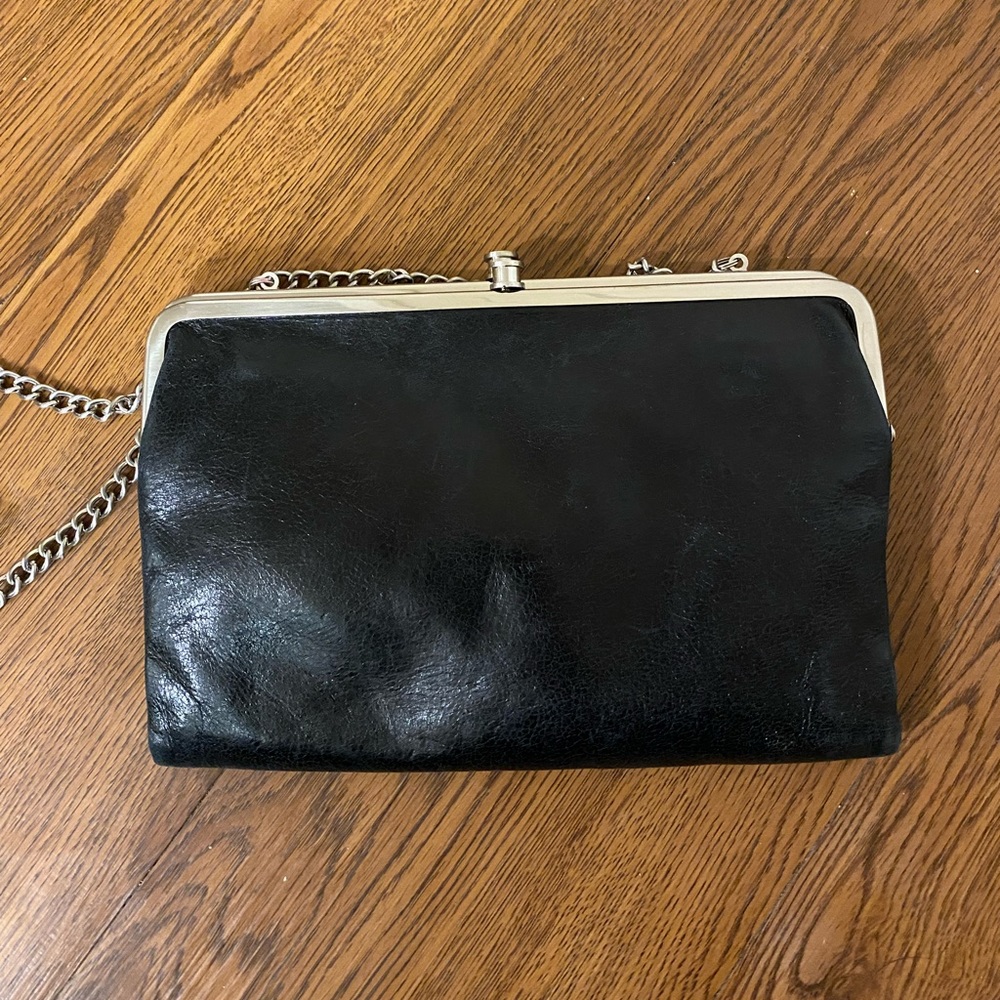 HOBO Lauren Wallet With Chain Crossbody Purse Black Leather Clutch Metal